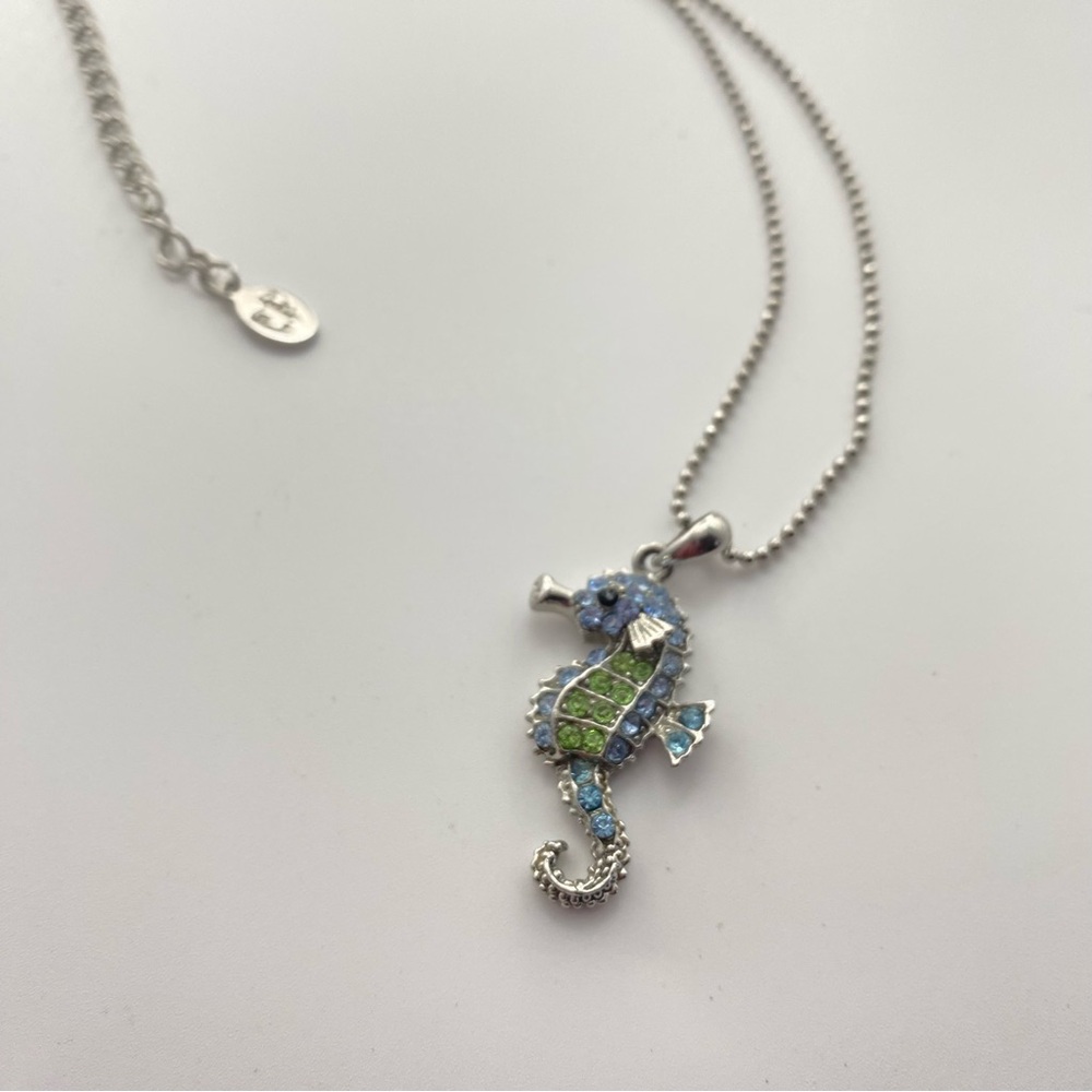 Cookie Lee Wing Seahorse Pendant Necklace 15” Silver-tone Green Blue Rhinestones